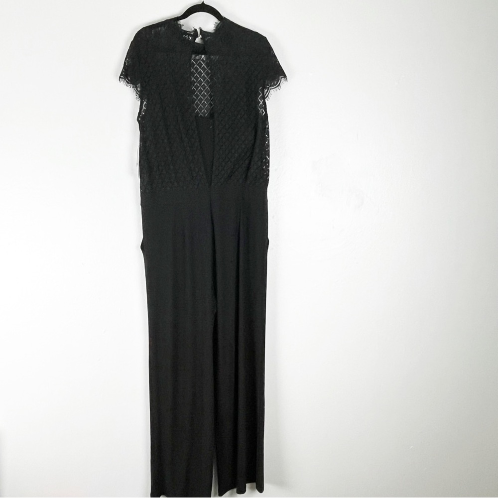 JULIA JORDAN Classic Black Illusion Lace Blousan Side Pocket Jumpsuit, Size 16
